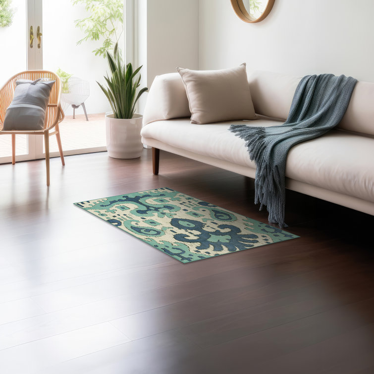 Ochre Ikat and Steel Blue Easy Care Rectangular Rug