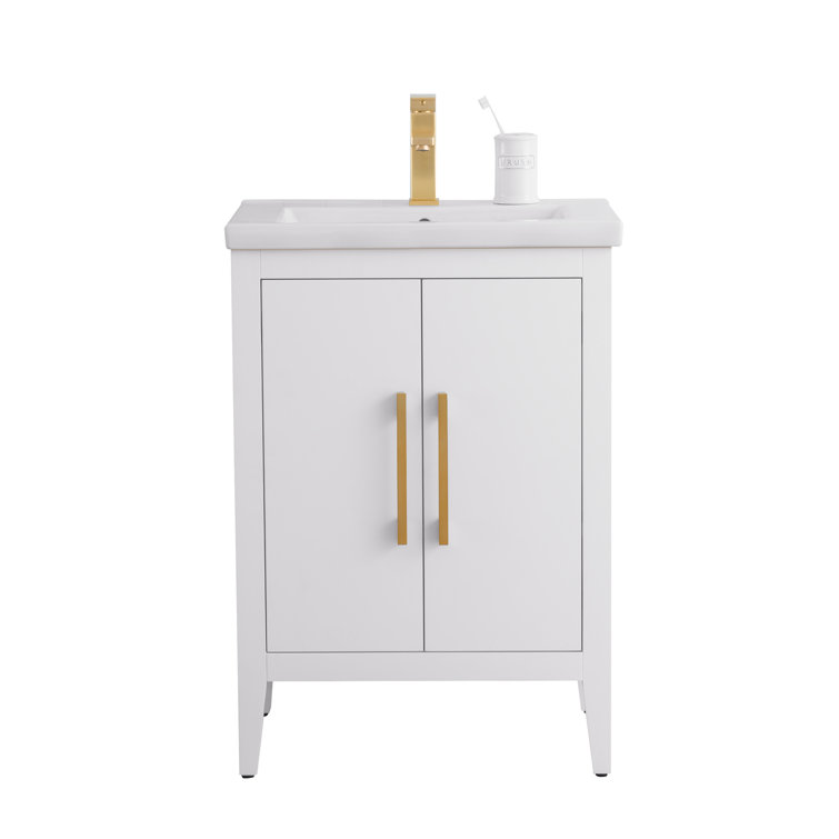 24" White Single Sink Bathroom Vanity with Gold Hardware