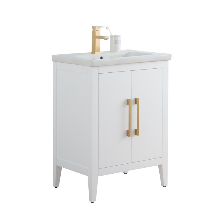 24" White Single Sink Bathroom Vanity with Gold Hardware