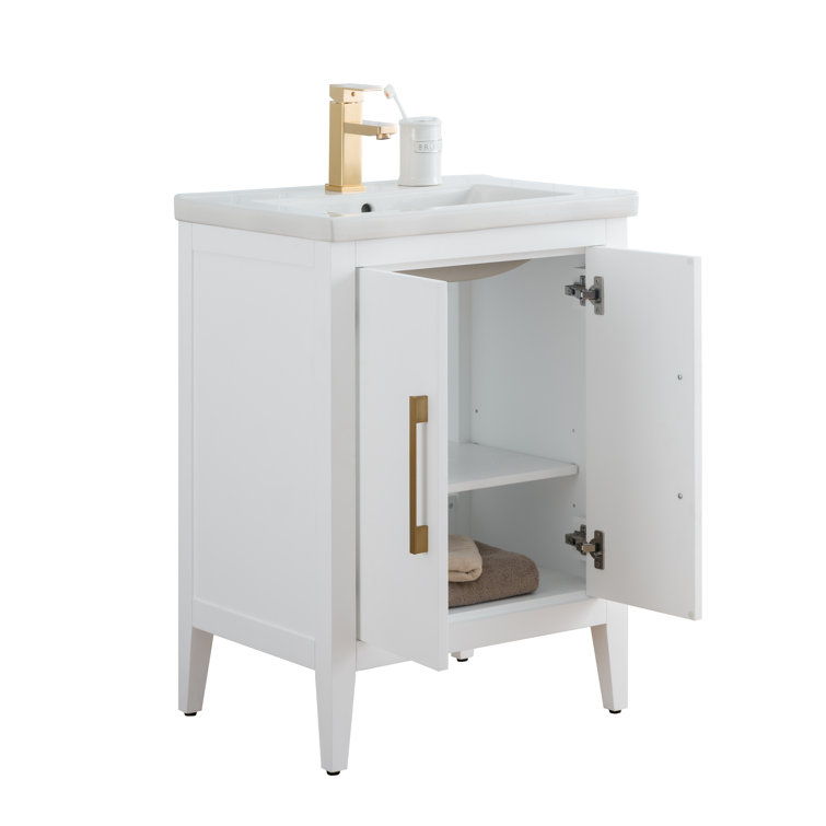 24" White Single Sink Bathroom Vanity with Gold Hardware