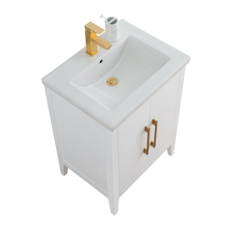 24" White Single Sink Bathroom Vanity with Gold Hardware