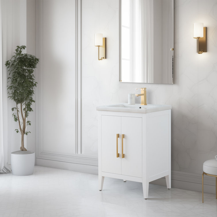 24" White Single Sink Bathroom Vanity with Gold Hardware