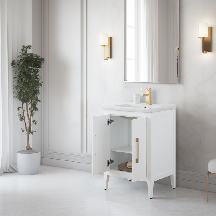 24" White Single Sink Bathroom Vanity with Gold Hardware