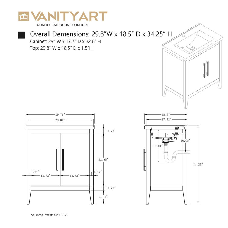 White Poplar Wood 30" Single Vanity with Golden Brushed Accents