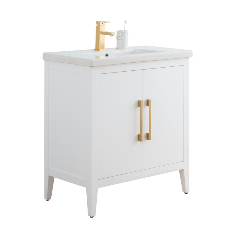 White Poplar Wood 30" Single Vanity with Golden Brushed Accents