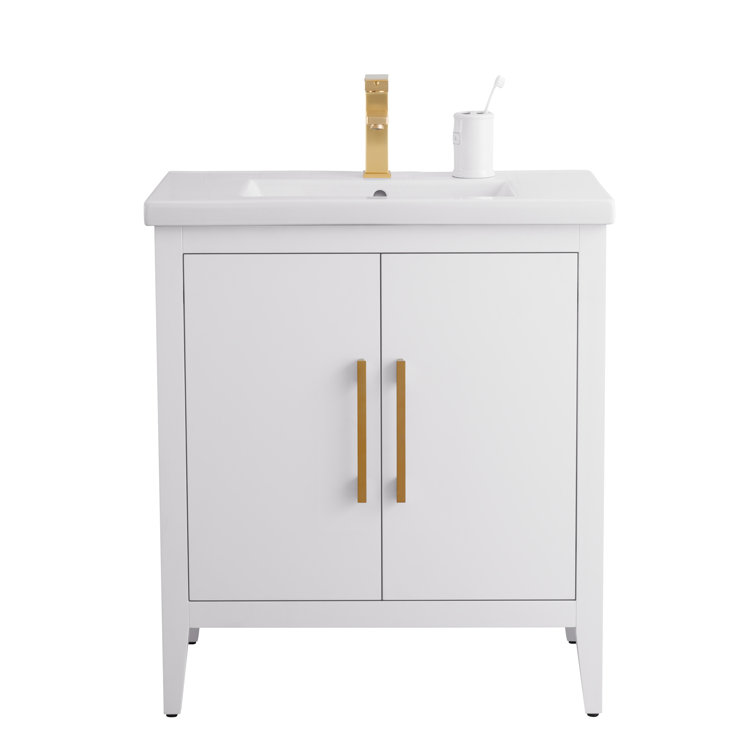 White Poplar Wood 30" Single Vanity with Golden Brushed Accents