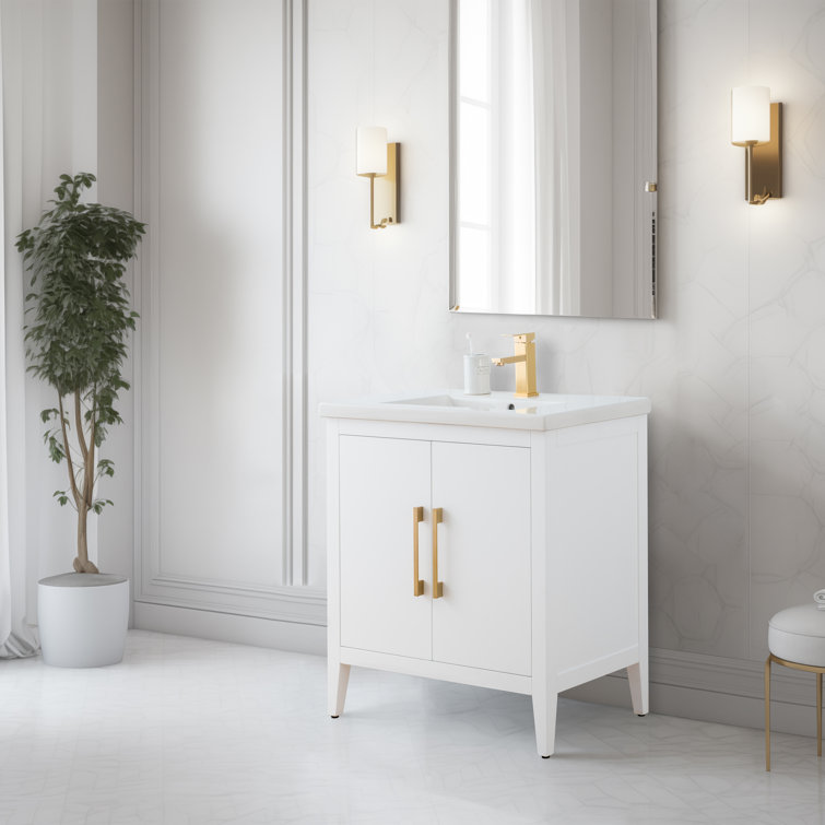 White Poplar Wood 30" Single Vanity with Golden Brushed Accents