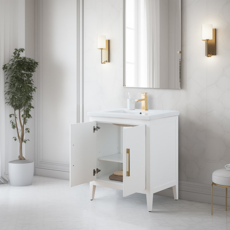 White Poplar Wood 30" Single Vanity with Golden Brushed Accents