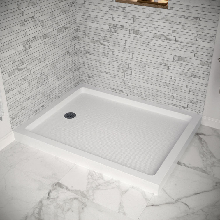 Glossy White Rectangular Acrylic Shower Base with Drain
