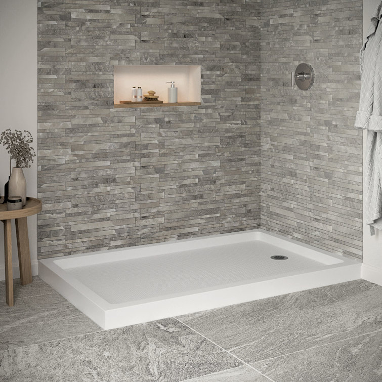 Glossy White Rectangular Acrylic Shower Base with Round Drain