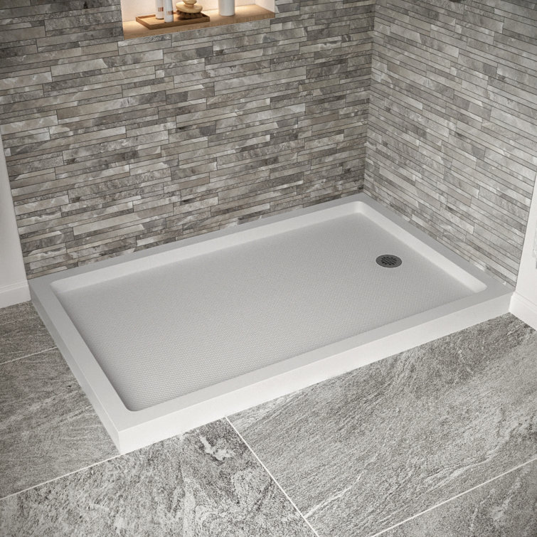 Glossy White Rectangular Acrylic Shower Base with Round Drain