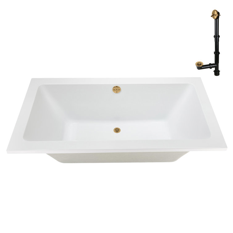 60" x 32" Glossy White Acrylic Soaking Drop-In Bathtub with Brushed Gold Drain