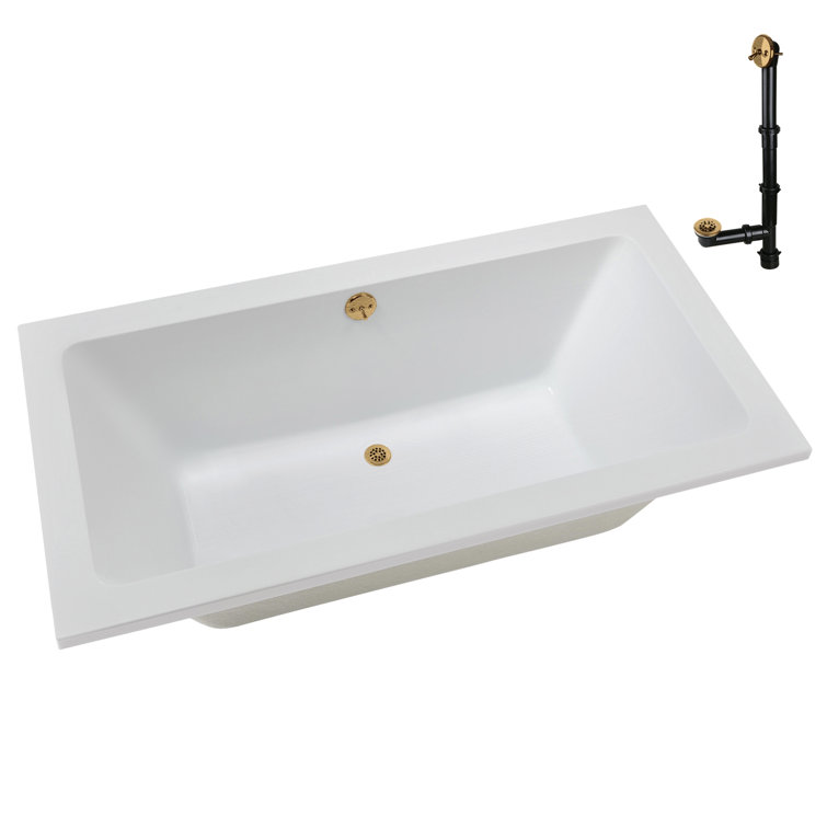 60" x 32" Glossy White Acrylic Soaking Drop-In Bathtub with Brushed Gold Drain