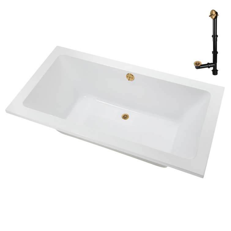 60" x 32" Glossy White Acrylic Soaking Drop-In Bathtub with Brushed Gold Drain