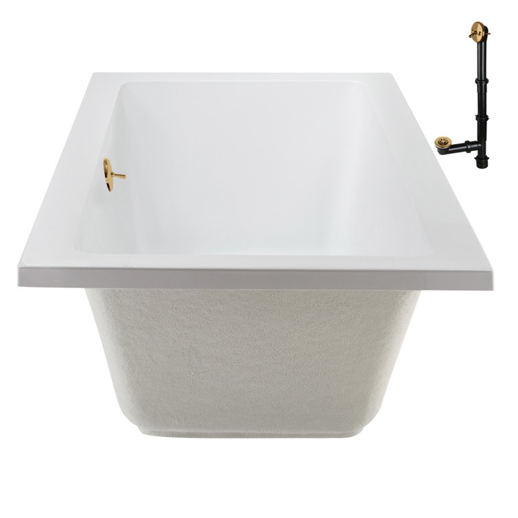 60" x 32" Glossy White Acrylic Soaking Drop-In Bathtub with Brushed Gold Drain