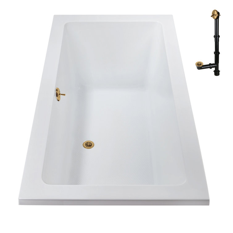 60" x 32" Glossy White Acrylic Soaking Drop-In Bathtub with Brushed Gold Drain