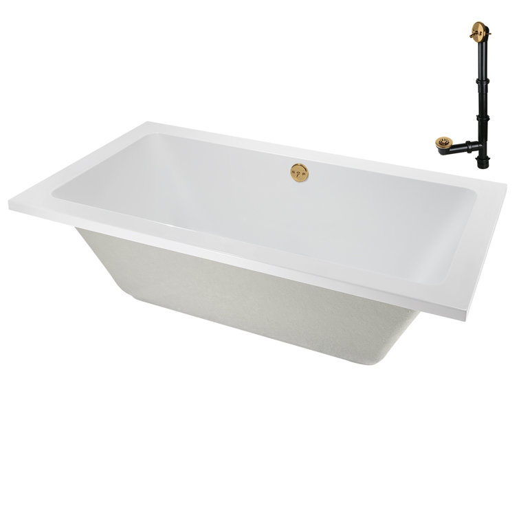 60" x 32" Glossy White Acrylic Soaking Drop-In Bathtub with Brushed Gold Drain