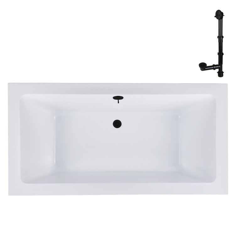 66'' Glossy White Acrylic Soaking Drop-In Bathtub with Matte Black Trim