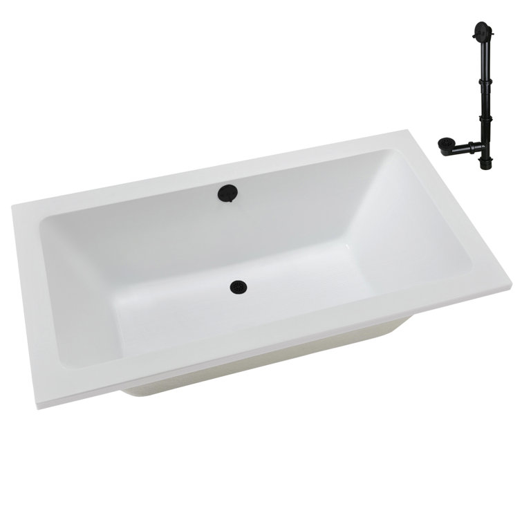 66'' Glossy White Acrylic Soaking Drop-In Bathtub with Matte Black Trim