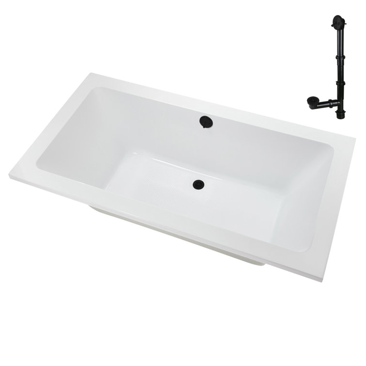 66'' Glossy White Acrylic Soaking Drop-In Bathtub with Matte Black Trim
