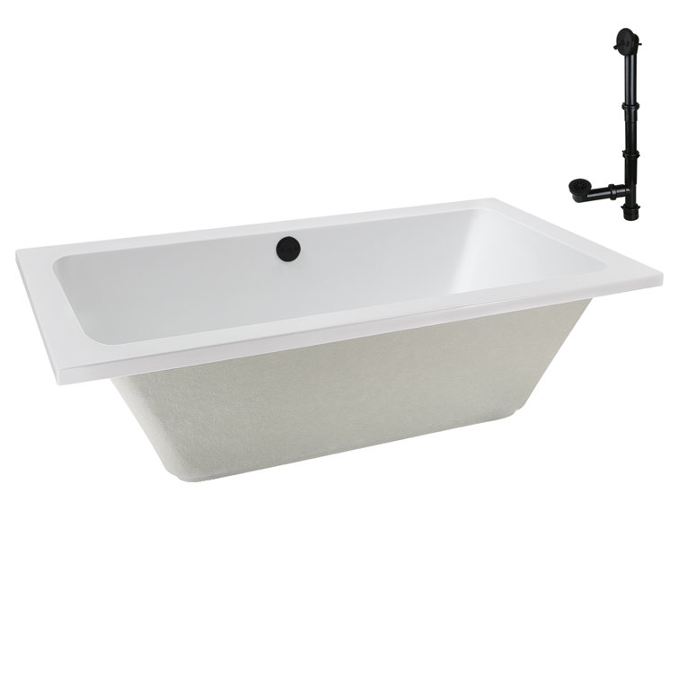 66'' Glossy White Acrylic Soaking Drop-In Bathtub with Matte Black Trim