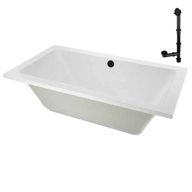 66'' Glossy White Acrylic Soaking Drop-In Bathtub with Matte Black Trim