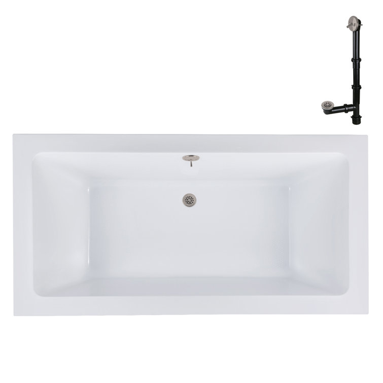 60" x 32" Glossy White Acrylic Soaking Drop-In Bathtub with Brushed Nickel Drain