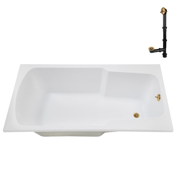 72'' Glossy White Acrylic Soaking Drop-In Bathtub with Brushed Gold Hardware