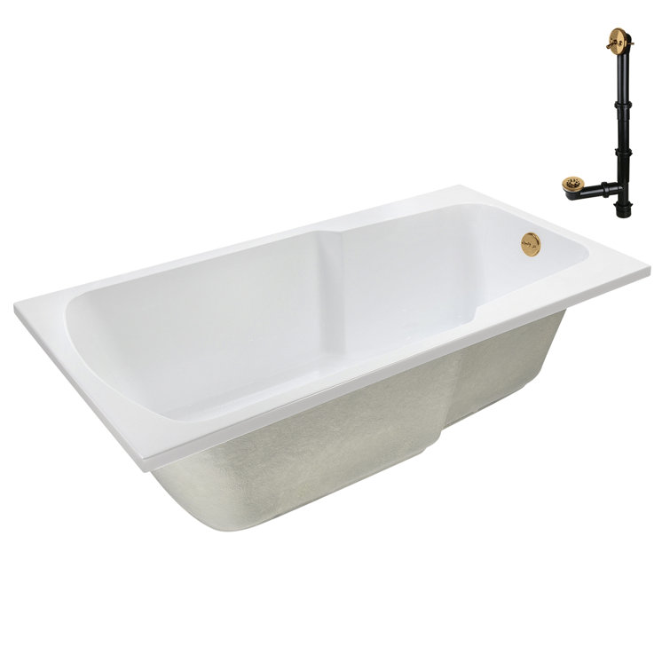 72'' Glossy White Acrylic Soaking Drop-In Bathtub with Brushed Gold Hardware