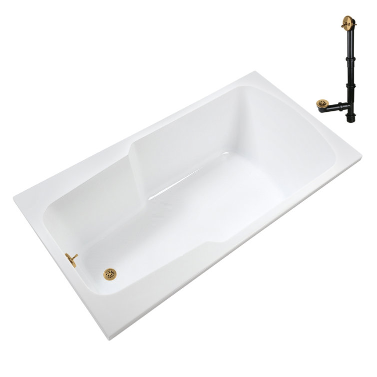 72'' Glossy White Acrylic Soaking Drop-In Bathtub with Brushed Gold Hardware