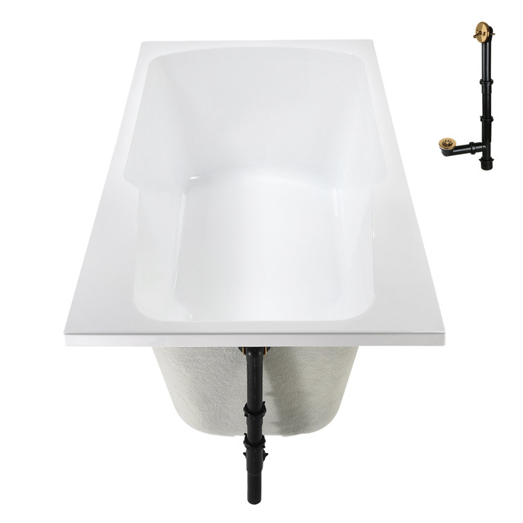 72'' Glossy White Acrylic Soaking Drop-In Bathtub with Brushed Gold Hardware