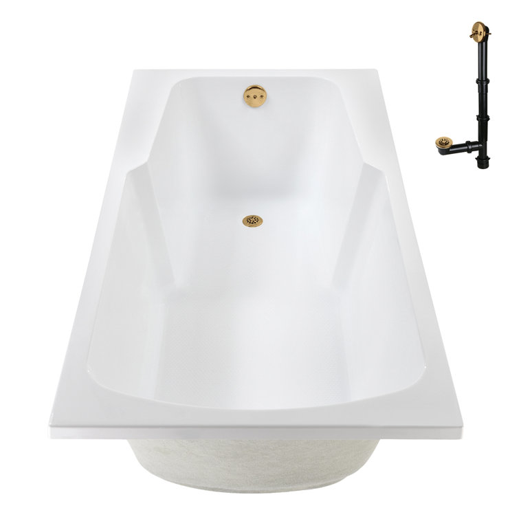 72'' Glossy White Acrylic Soaking Drop-In Bathtub with Brushed Gold Hardware