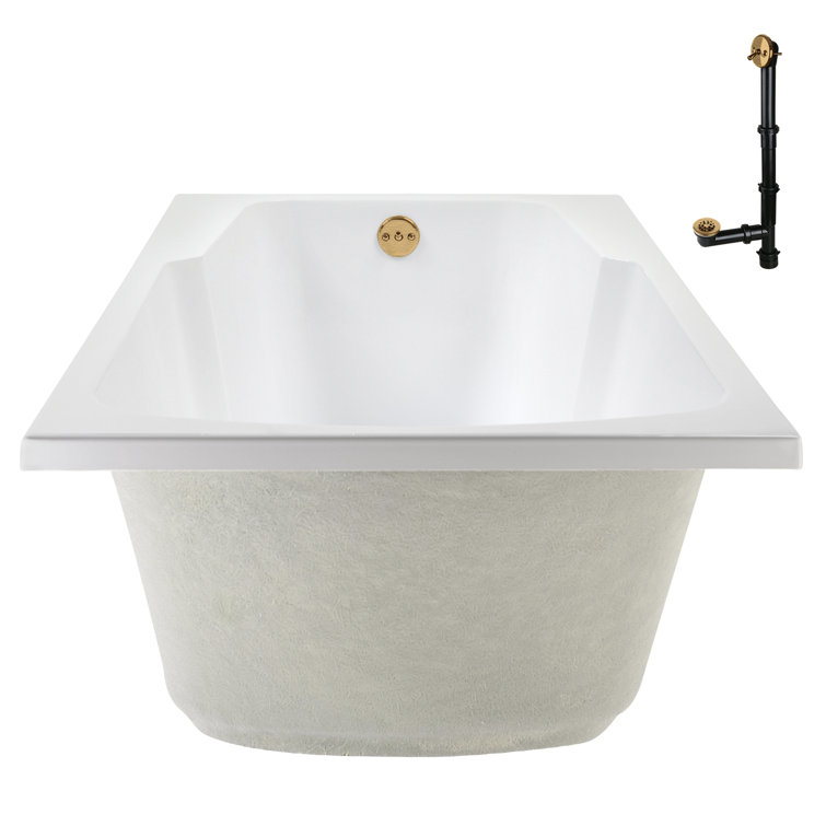 72'' Glossy White Acrylic Soaking Drop-In Bathtub with Brushed Gold Hardware