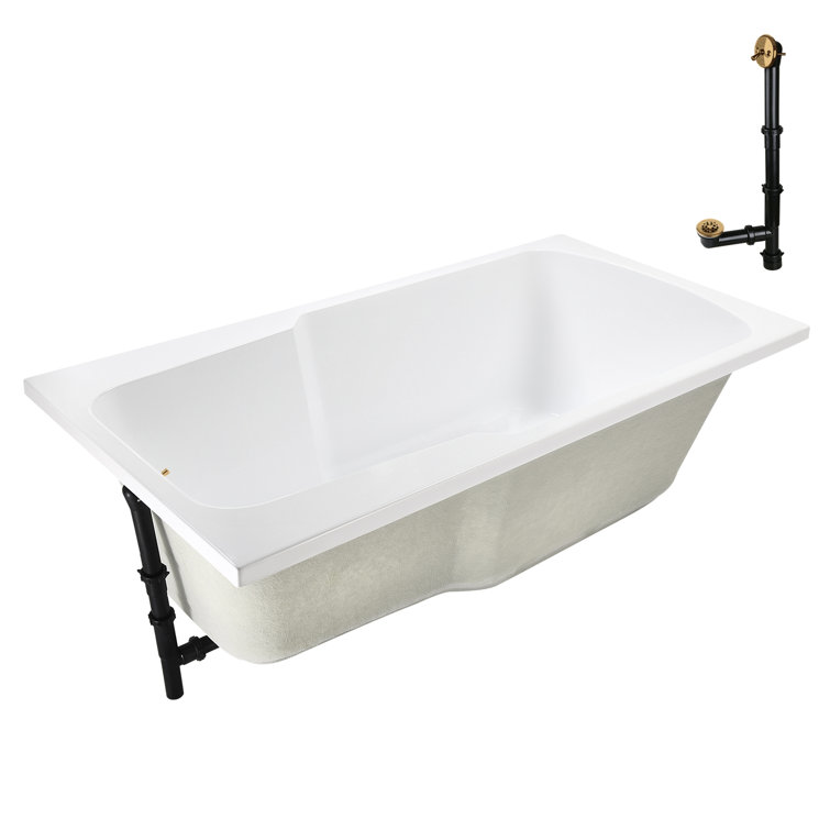 72'' Glossy White Acrylic Soaking Drop-In Bathtub with Brushed Gold Hardware