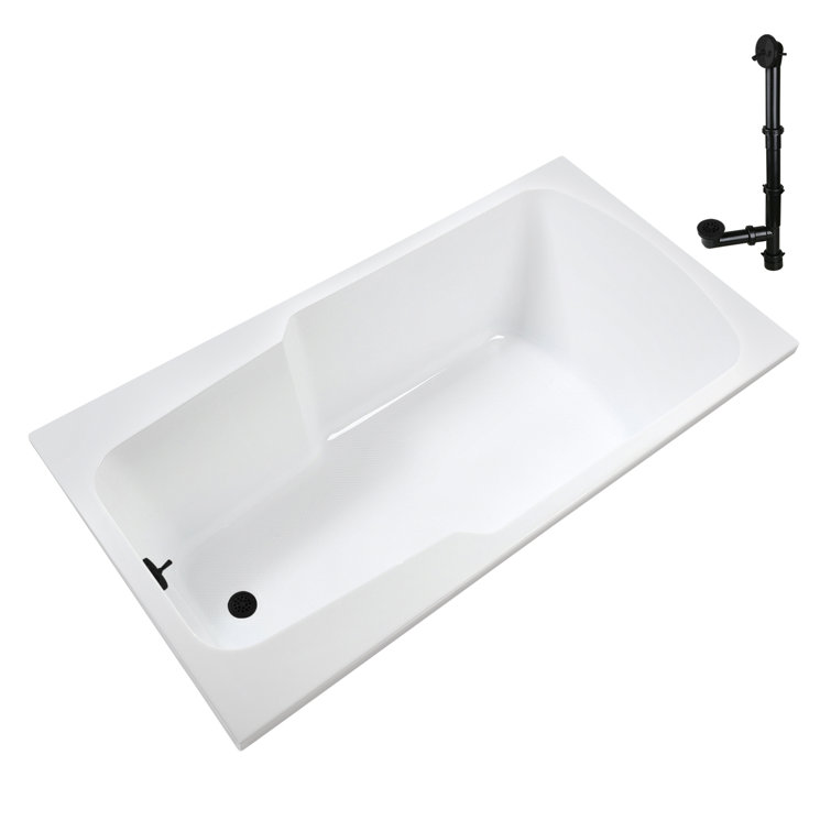 60'' Glossy White Acrylic Drop-In Soaking Bathtub with Matte Black Drain