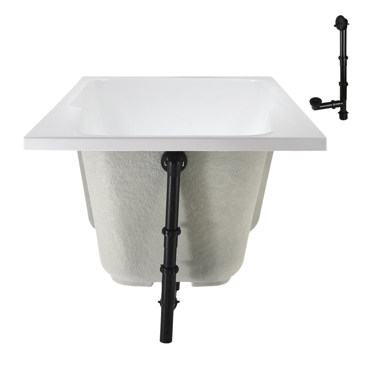 60'' Glossy White Acrylic Drop-In Soaking Bathtub with Matte Black Drain