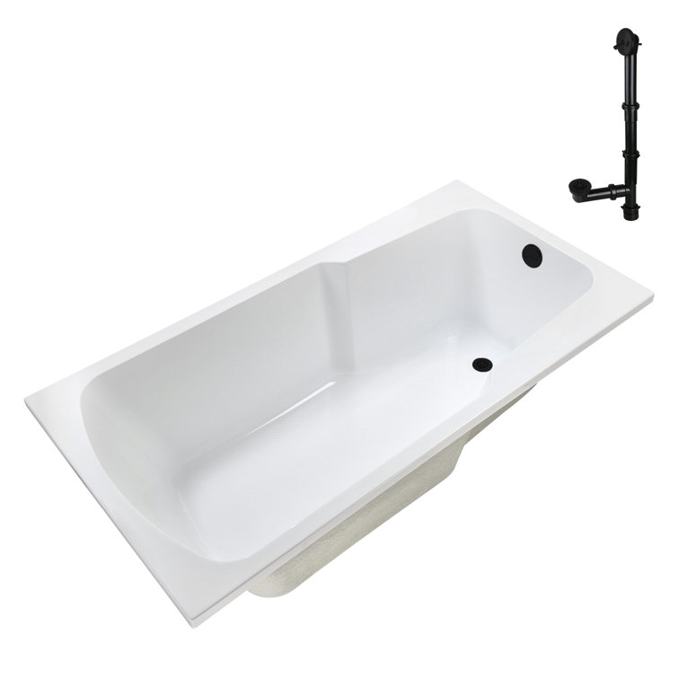 60'' Glossy White Acrylic Drop-In Soaking Bathtub with Matte Black Drain