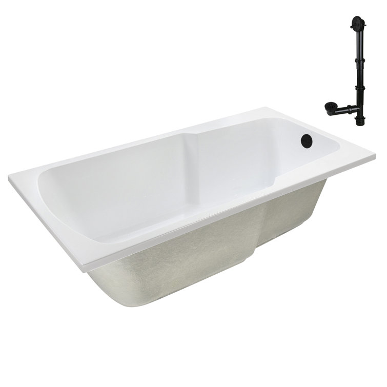 60'' Glossy White Acrylic Drop-In Soaking Bathtub with Matte Black Drain