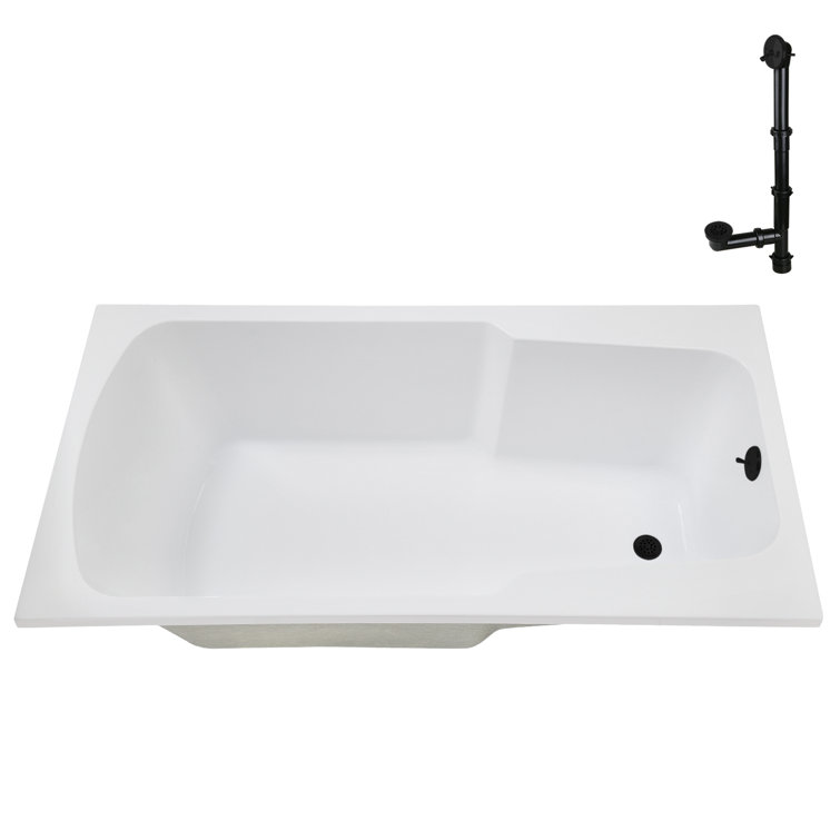 60'' Glossy White Acrylic Drop-In Soaking Bathtub with Matte Black Drain