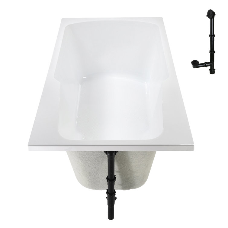 60'' Glossy White Acrylic Drop-In Soaking Bathtub with Matte Black Drain