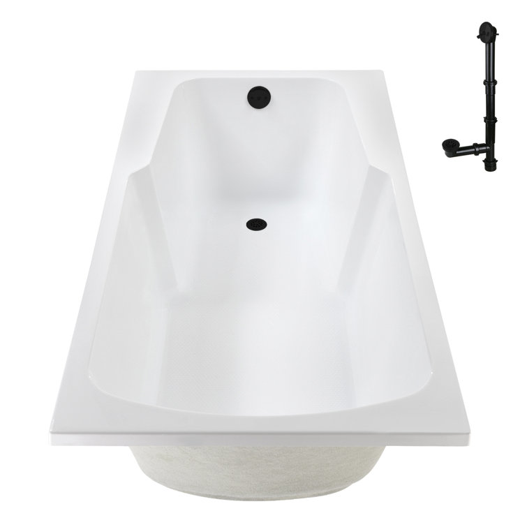 60'' Glossy White Acrylic Drop-In Soaking Bathtub with Matte Black Drain