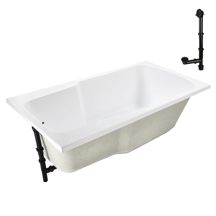 60'' Glossy White Acrylic Drop-In Soaking Bathtub with Matte Black Drain