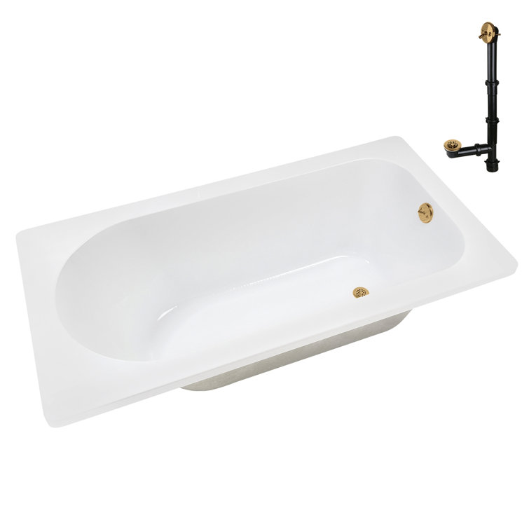 72" Glossy White Acrylic Drop-In Soaking Bathtub with Brushed Gold Trim