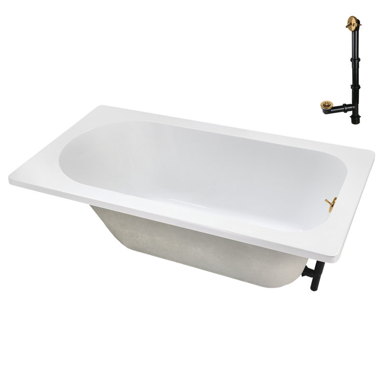 72" Glossy White Acrylic Drop-In Soaking Bathtub with Brushed Gold Trim