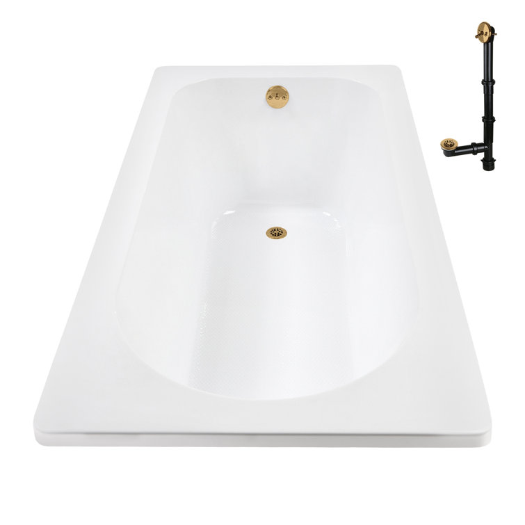 72" Glossy White Acrylic Drop-In Soaking Bathtub with Brushed Gold Trim