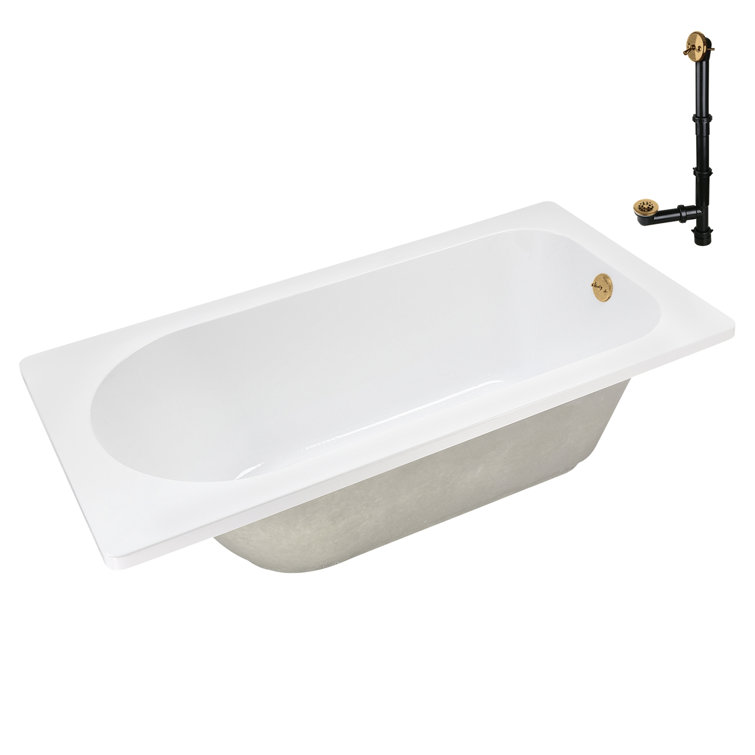 72" Glossy White Acrylic Drop-In Soaking Bathtub with Brushed Gold Trim