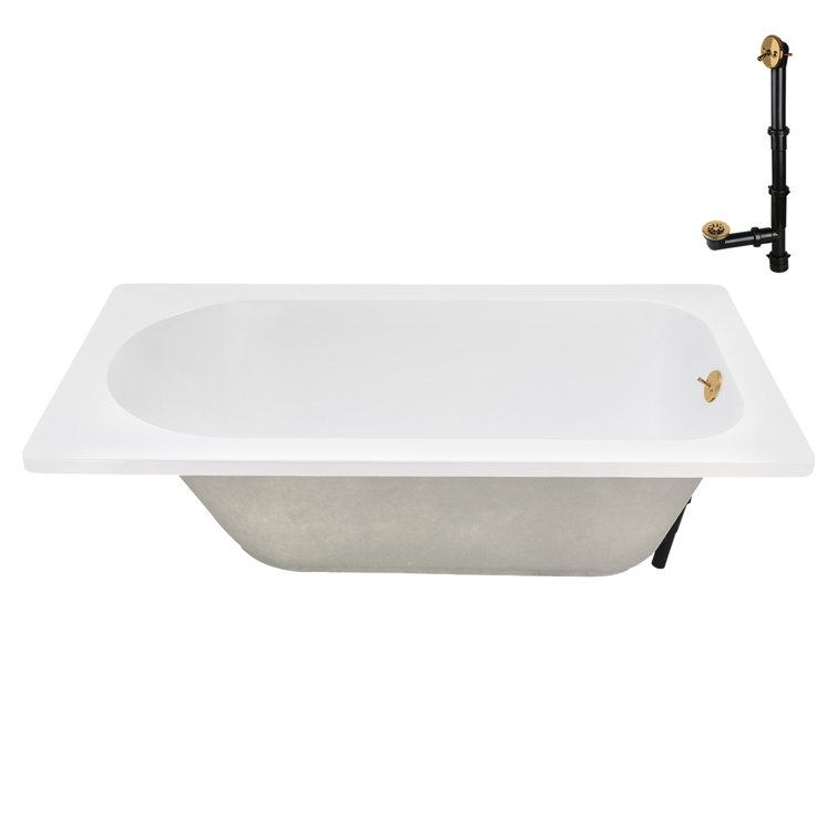 72" Glossy White Acrylic Drop-In Soaking Bathtub with Brushed Gold Trim