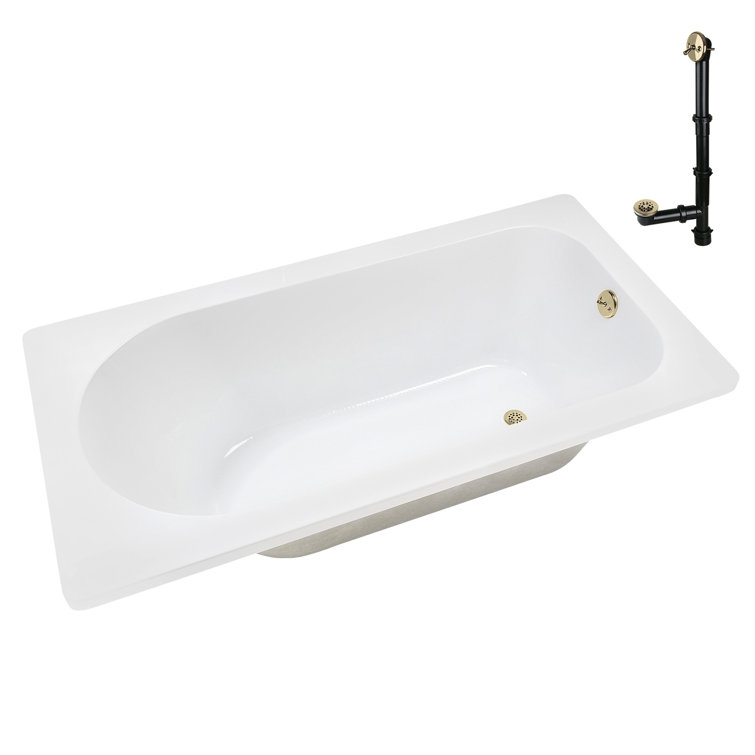 72" x 36" Glossy White Acrylic Soaking Drop-In Bathtub with Polished Brass Drain