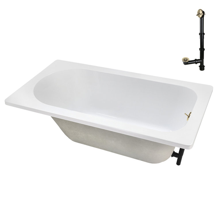 72" x 36" Glossy White Acrylic Soaking Drop-In Bathtub with Polished Brass Drain