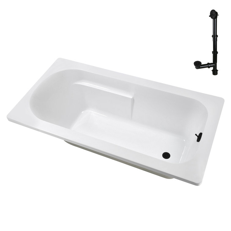 72" x 36" Glossy White Acrylic Drop-In Soaking Bathtub with Matte Black Hardware